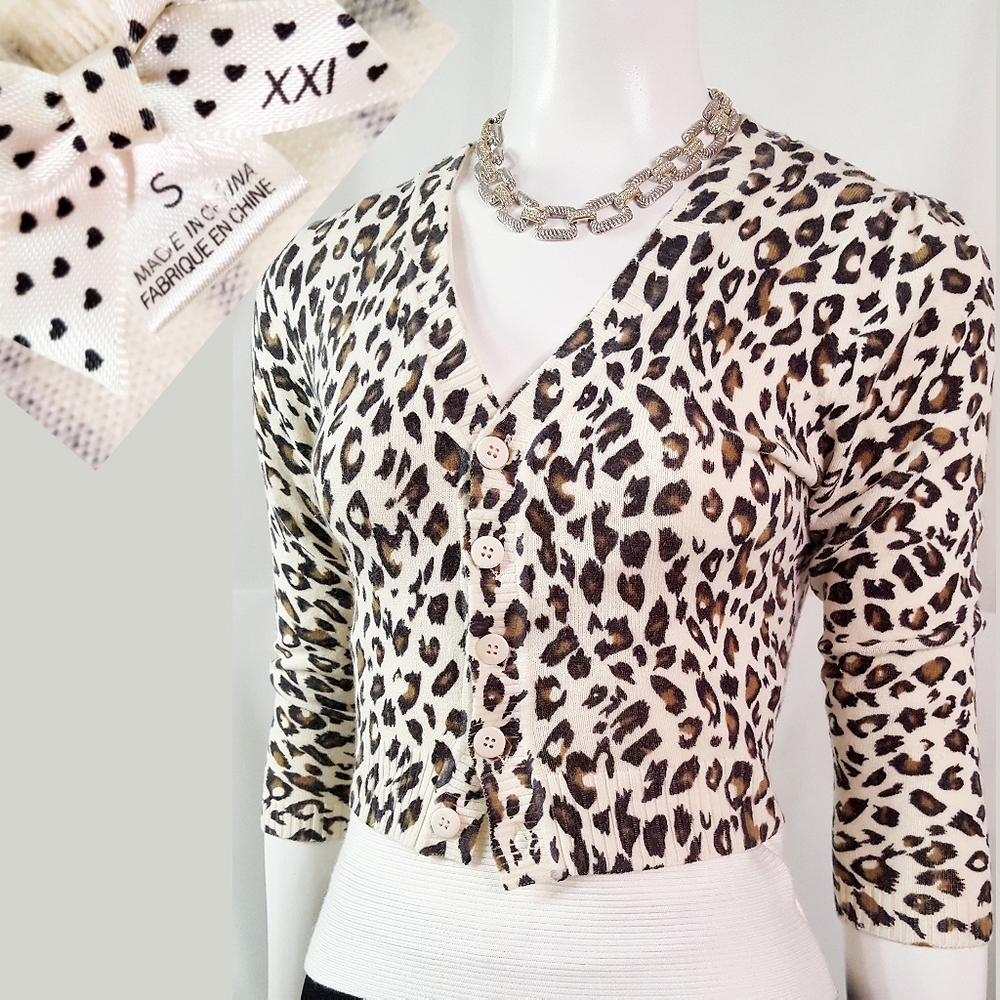Y2K Forever 21🔥Leopard Cropped Knit Cardigan Sweater Jacket